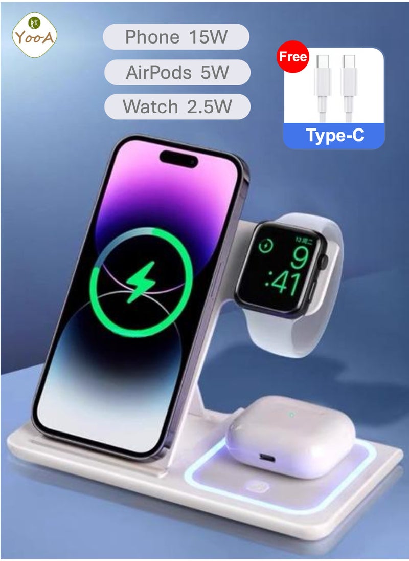 YooA 3 in 1 Wireless Charger Station,15W Wireless Fast Charging Stand, Foldable LED Station Charger Stand, Fast Charger Stations for Apple iPhone 16 15 14 13 12 11 X Pro Max/Samsung/Huawei/Xiaomi/Vivo+AirPods+iWatch 1-8, Good for Office Home Travel (White)  - Image 1
