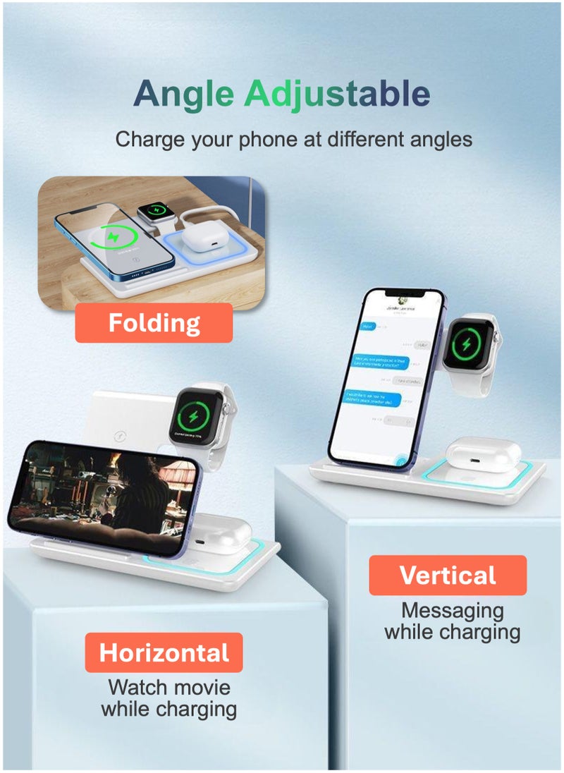YooA 3 in 1 Wireless Charger Station,15W Wireless Fast Charging Stand, Foldable LED Station Charger Stand, Fast Charger Stations for Apple iPhone 16 15 14 13 12 11 X Pro Max/Samsung/Huawei/Xiaomi/Vivo+AirPods+iWatch 1-8, Good for Office Home Travel (White)  - Image 3