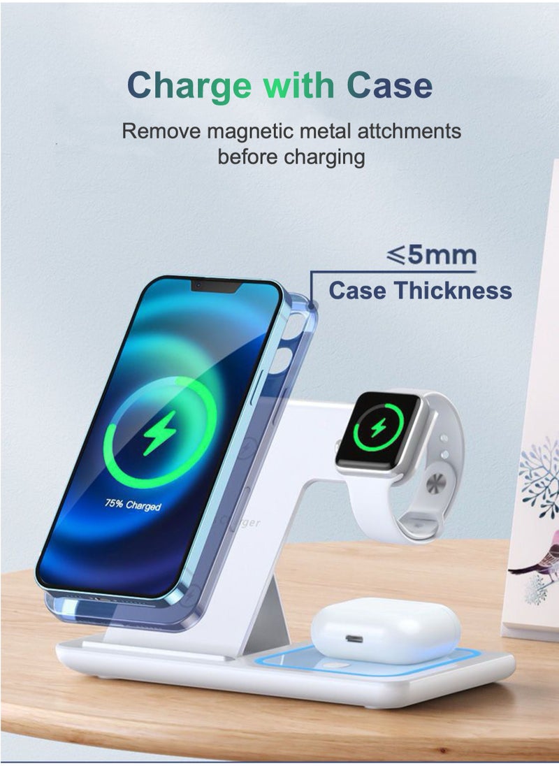 YooA 3 in 1 Wireless Charger Station,15W Wireless Fast Charging Stand, Foldable LED Station Charger Stand, Fast Charger Stations for Apple iPhone 16 15 14 13 12 11 X Pro Max/Samsung/Huawei/Xiaomi/Vivo+AirPods+iWatch 1-8, Good for Office Home Travel (White)  - Image 4