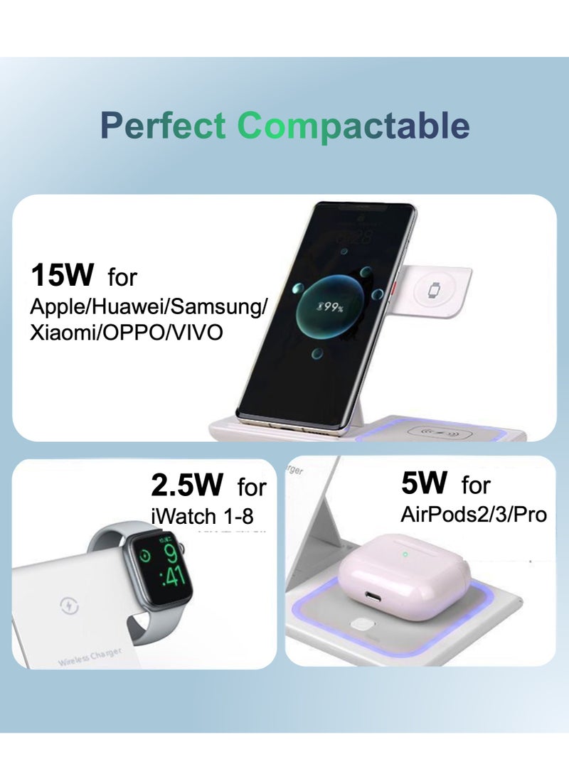 YooA 3 in 1 Wireless Charger Station,15W Wireless Fast Charging Stand, Foldable LED Station Charger Stand, Fast Charger Stations for Apple iPhone 16 15 14 13 12 11 X Pro Max/Samsung/Huawei/Xiaomi/Vivo+AirPods+iWatch 1-8, Good for Office Home Travel (White)  - Image 5