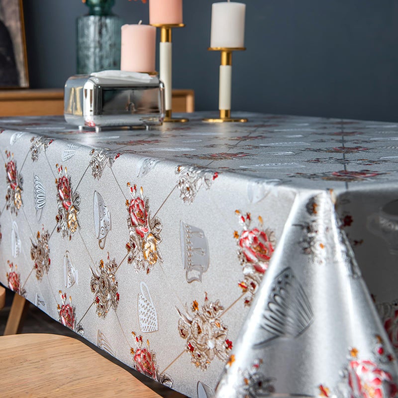 FAVE Silver Tablecloth Heavy Duty Vinyl Tablecloth with Peony 100% Waterproof Oil-Proof PVC Table Cloth for Wedding, Banquet, Birthday, Party, Restaurant Decorations (Silver, 55X78 Inch) - Image 2