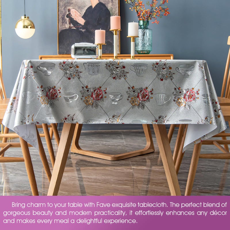 FAVE Silver Tablecloth Heavy Duty Vinyl Tablecloth with Peony 100% Waterproof Oil-Proof PVC Table Cloth for Wedding, Banquet, Birthday, Party, Restaurant Decorations (Silver, 55X78 Inch) - Image 4