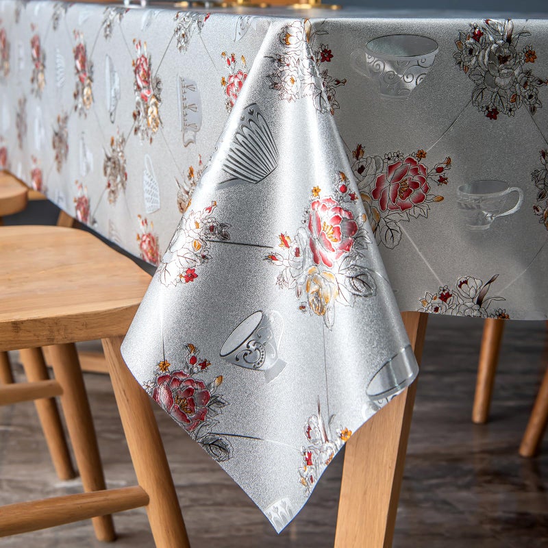 FAVE Silver Tablecloth Heavy Duty Vinyl Tablecloth with Peony 100% Waterproof Oil-Proof PVC Table Cloth for Wedding, Banquet, Birthday, Party, Restaurant Decorations (Silver, 55X78 Inch) - Image 1