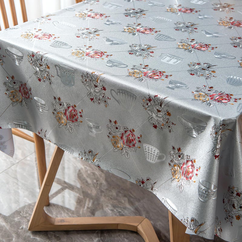 FAVE Silver Tablecloth Heavy Duty Vinyl Tablecloth with Peony 100% Waterproof Oil-Proof PVC Table Cloth for Wedding, Banquet, Birthday, Party, Restaurant Decorations (Silver, 55X78 Inch) - Image 3