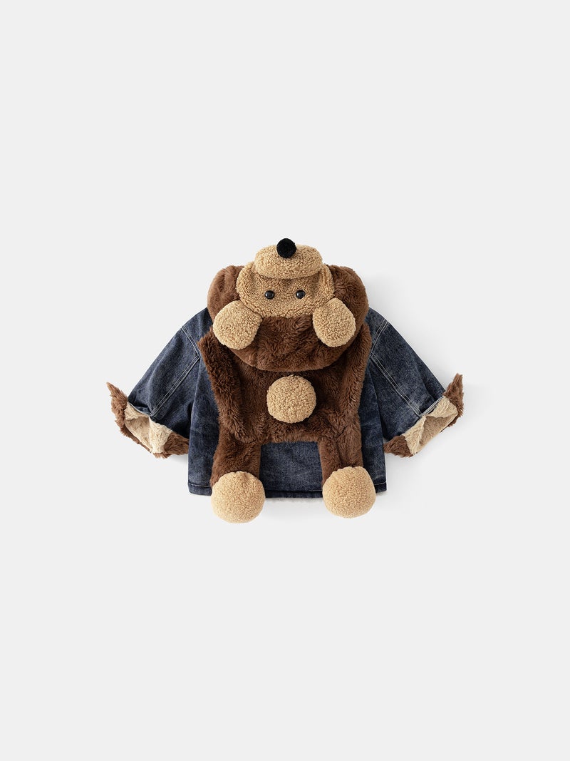 Winter Korean Style Fleece-Lined Thickened Warm Denim Jacket For Children, Boys And Girls, With 3D Doll Parka - Image 3