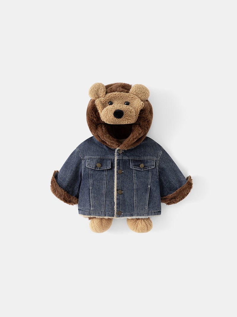 Winter Korean Style Fleece-Lined Thickened Warm Denim Jacket For Children, Boys And Girls, With 3D Doll Parka - Image 2