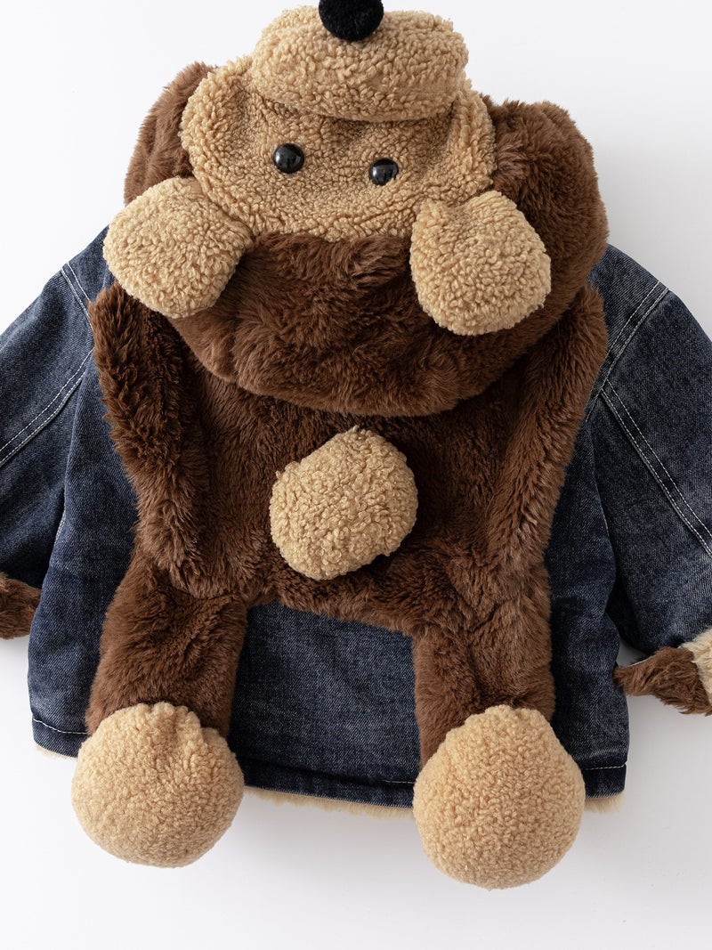 Winter Korean Style Fleece-Lined Thickened Warm Denim Jacket For Children, Boys And Girls, With 3D Doll Parka - Image 4