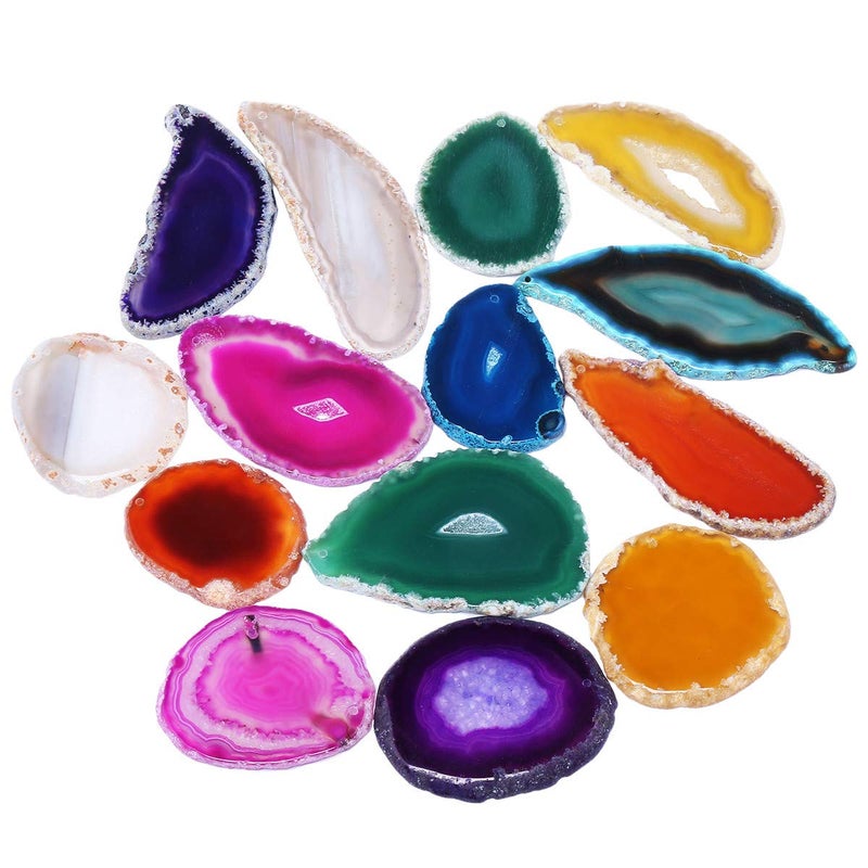 mookaitedecor شرائح العقيق المصقولة من موكيتيديكور - شريحة جيود مثقوبة من الأعلى لصنع المجوهرات - عبوة من 12 قطعة