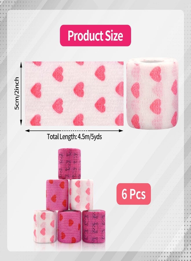 Kreyfer 6 Roll 2 Inch x 5 Yards Heart and Cat Print Pet Vet Wrap for Dogs Cats, Cohesive Bandages in Bulk, Pink Non-Woven Self Adhesive Bandages Wrap Roll for Pet Animals Wound Care, Ankle Sprain and Swelling - Image 2