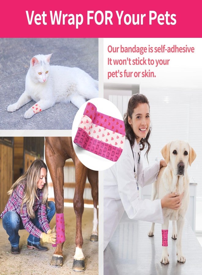 Kreyfer 6 Roll 2 Inch x 5 Yards Heart and Cat Print Pet Vet Wrap for Dogs Cats, Cohesive Bandages in Bulk, Pink Non-Woven Self Adhesive Bandages Wrap Roll for Pet Animals Wound Care, Ankle Sprain and Swelling - Image 4
