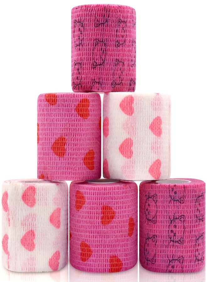 Kreyfer 6 Roll 2 Inch x 5 Yards Heart and Cat Print Pet Vet Wrap for Dogs Cats, Cohesive Bandages in Bulk, Pink Non-Woven Self Adhesive Bandages Wrap Roll for Pet Animals Wound Care, Ankle Sprain and Swelling - Image 1