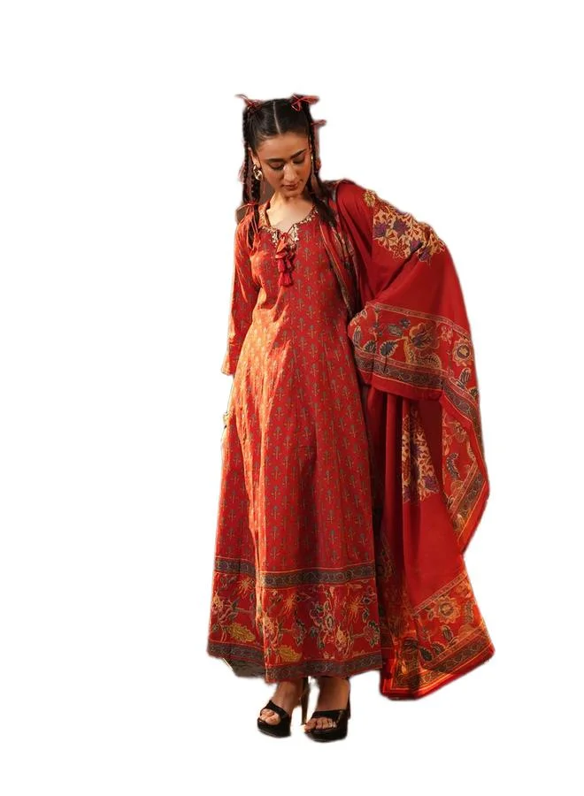 ISHIN Women's Red Cotton Printed Tunic Upper Calf Length Palazzo Bottom Regular Fit 3 Peice Kurta Set