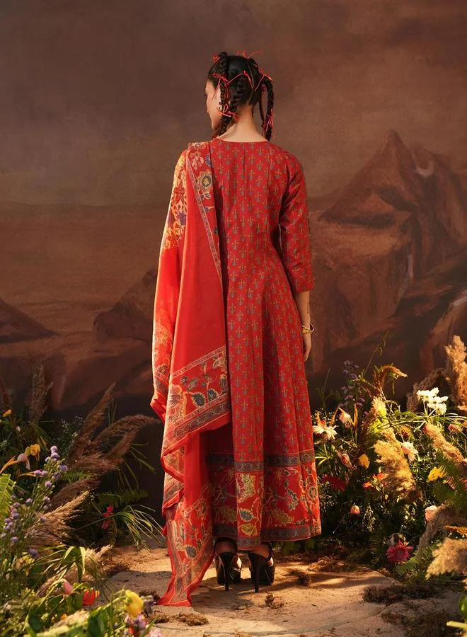 آي شين Women's Red Cotton Printed Tunic Upper Calf Length Palazzo Bottom Regular Fit 3 Peice Kurta Set