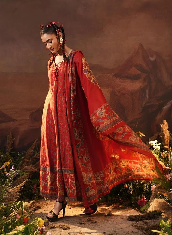 آي شين Women's Red Cotton Printed Tunic Upper Calf Length Palazzo Bottom Regular Fit 3 Peice Kurta Set