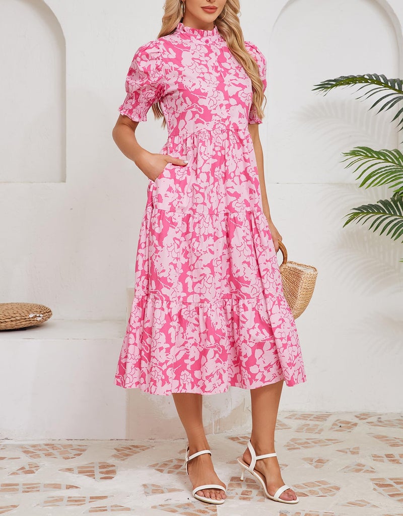 Kedera Casual Summer Dress for Women Trendy 2026 Short Sleeve Midi Maxi Flowy Boho Tiered Beach Dresses Blue - Image 5
