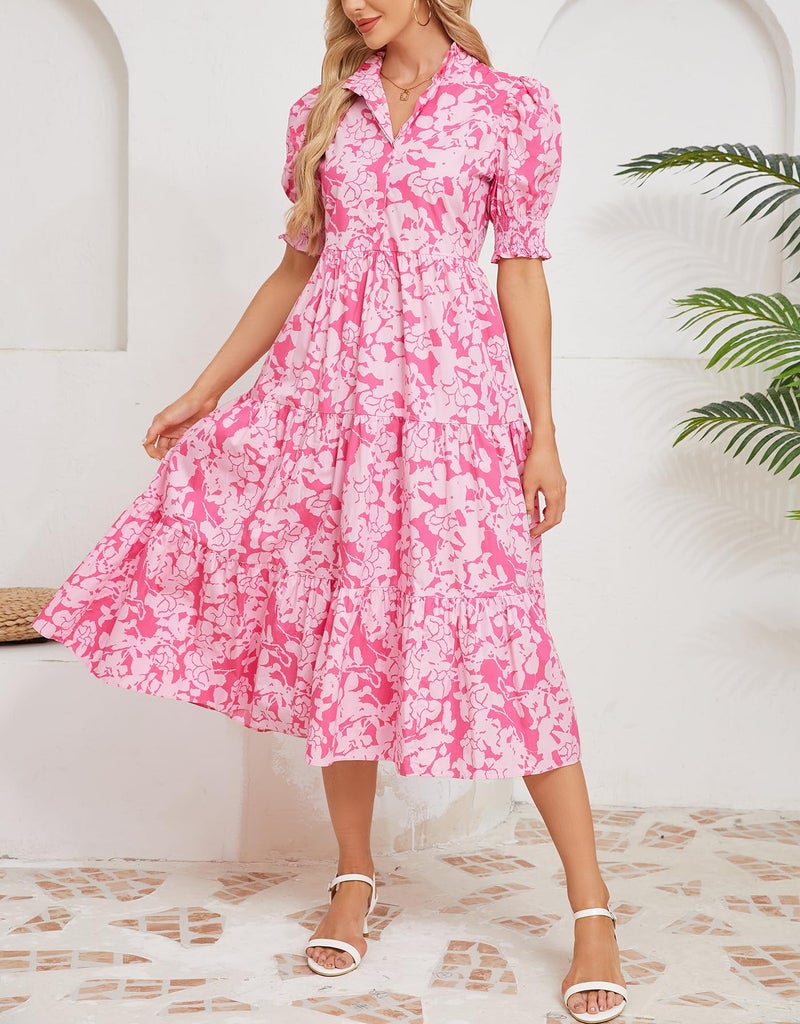 Kedera Casual Summer Dress for Women Trendy 2026 Short Sleeve Midi Maxi Flowy Boho Tiered Beach Dresses Blue - Image 3