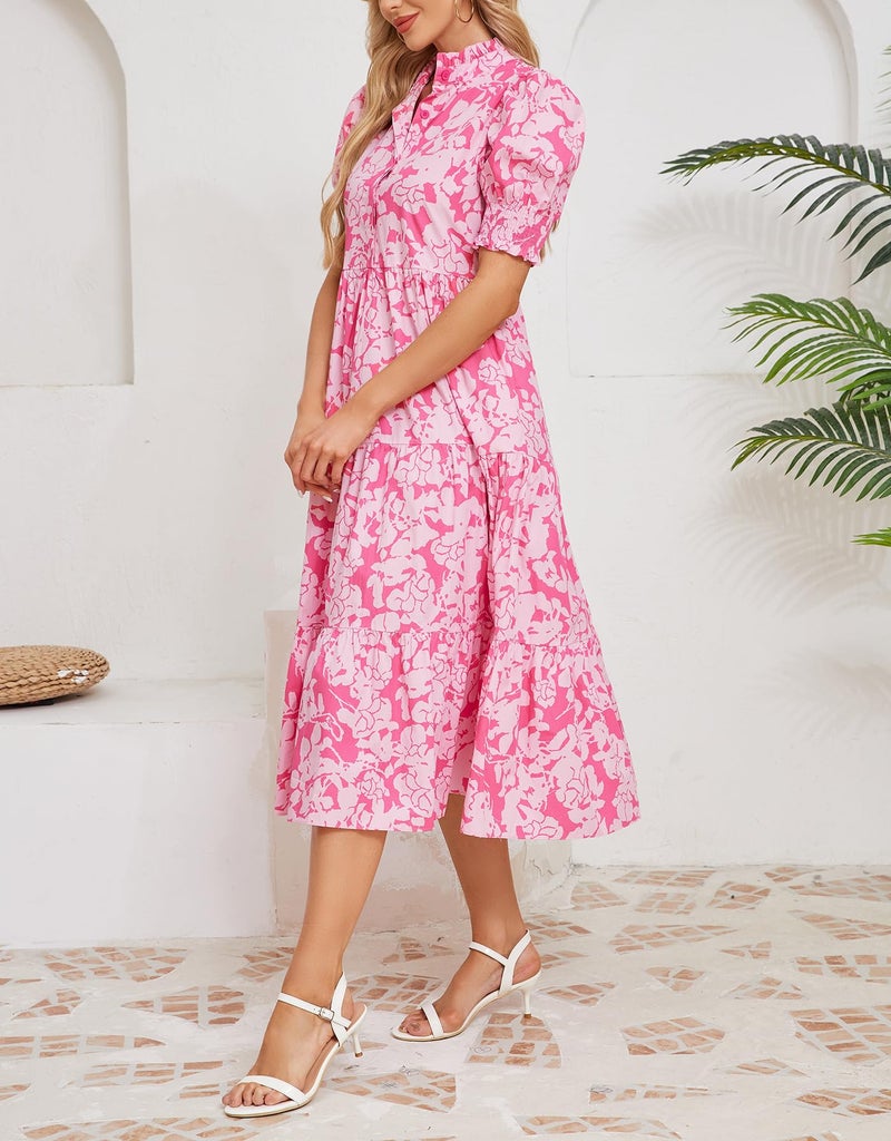 Kedera Casual Summer Dress for Women Trendy 2026 Short Sleeve Midi Maxi Flowy Boho Tiered Beach Dresses Blue - Image 4