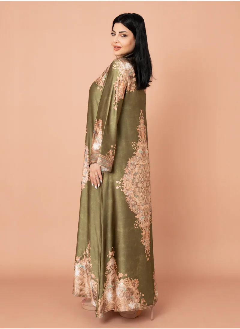 IKKXA Mandarin Collar Printed Jalabiya IK1011 Green