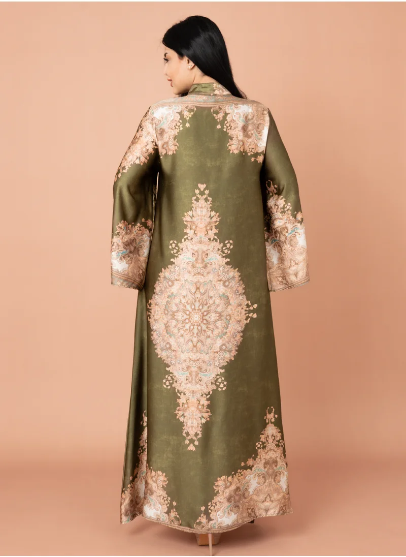IKKXA Mandarin Collar Printed Jalabiya IK1011 Green