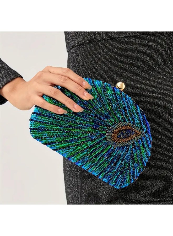 مجرد ركن جميل حقيبة يد مسائية أنيقة بتصميم ريش الطاووس المرصع بالترتر للسيدات - أزرق - Image 3
