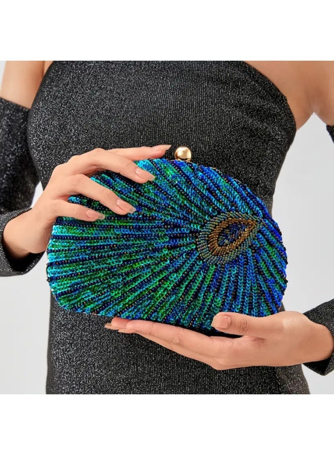 مجرد ركن جميل حقيبة يد مسائية أنيقة بتصميم ريش الطاووس المرصع بالترتر للسيدات - أزرق - Image 2