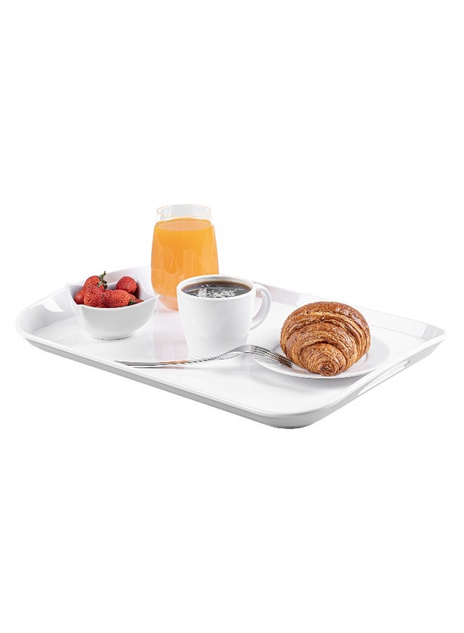 Restaurantware Voga 17.9 x 12.6 Inch Serving Tray, 1 Rectangle Outdoor Tray - With Handles, Raised Edges, White Melamine Platter Tray, Dishwasher-Safe, For Meals, Appetizers, And Snacks - Image 1