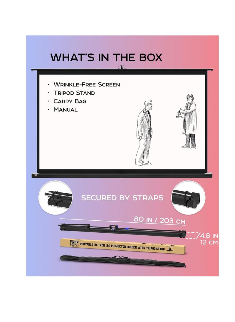 CityRiya-Long - Projector Screen with Stand,84 Inch Portable Indoor Outdoor Projection Screen 16:9 Hd 4K Wrinkle-Free Outdoor Movies Screen Carrying Bag for Home Backyard Theater - Image 1