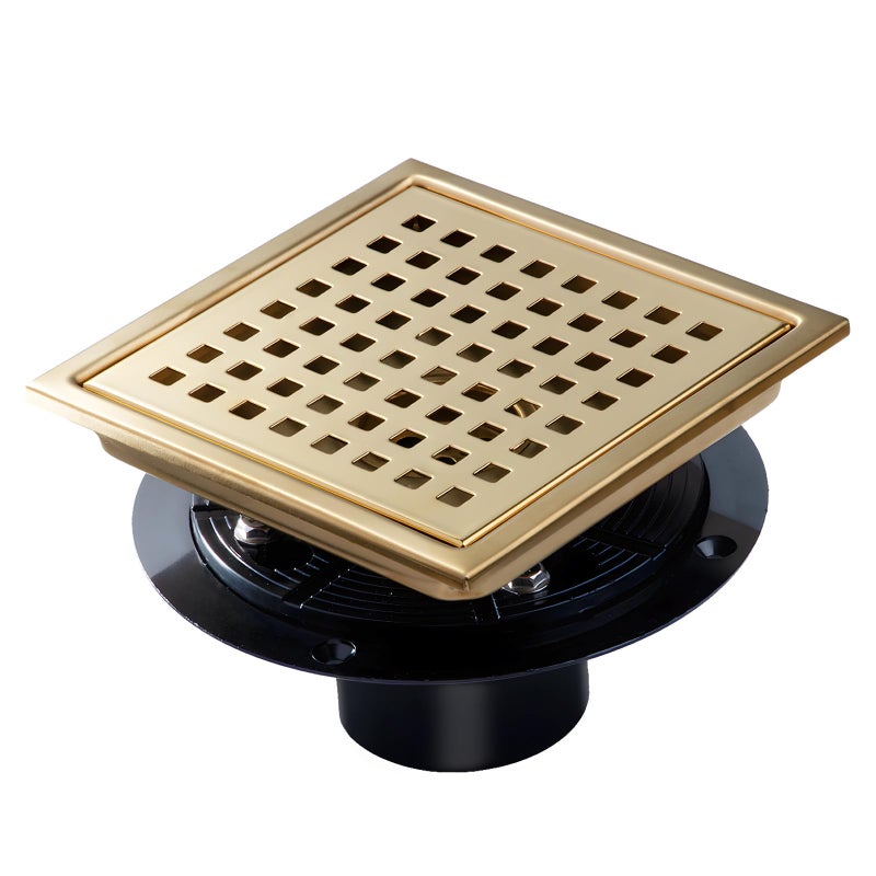SaniteModar Shower Drain 6 inch Shower Floor Square Drain with Flange Removeable Grid Panel SUS 304 Stainless Steel Square Shower Drain Brushed Gold