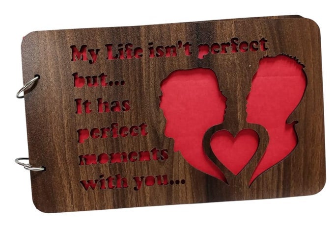 WOODEN FRONT AND BACK COVER SCRAPBOOK WITH 60 BLACK PAGE PHOTO ALBUM RECTANGLE 10X6 INCH WITH DESIGN CUTOUTS OF GIRL BOY WITH HEART ON WOOD COVER FOR HAPINESS,LOVE, ANNIVERSARY AND MORE