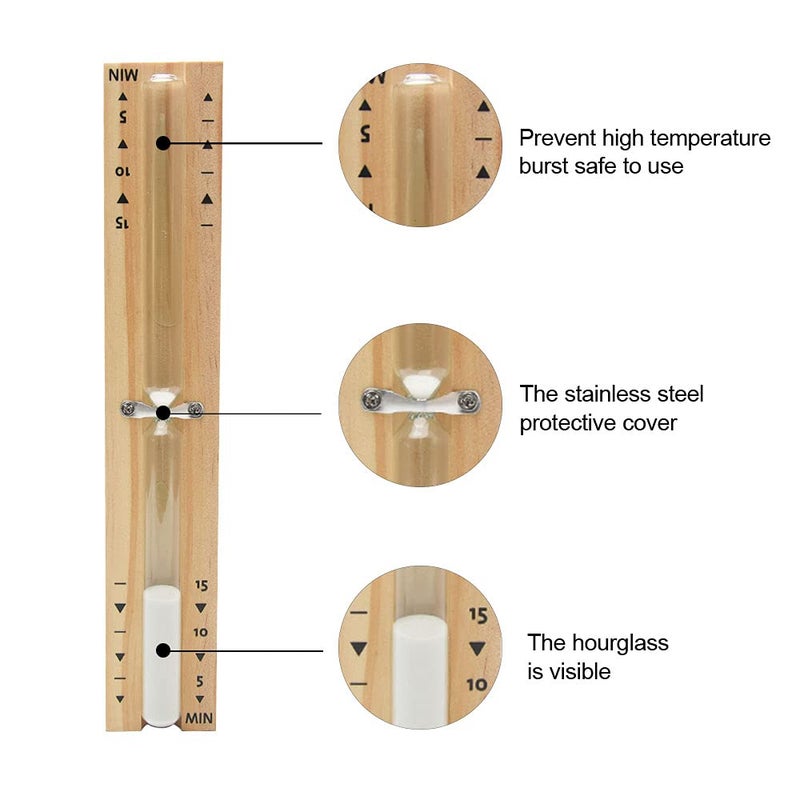 beiyoule ساعة رملية للساونا، خشب الزان 15 دقيقة ساعة رملية دقيقة، ساعة رملية خشبية مقاومة للحرارة (رمل أبيض) - Image 5