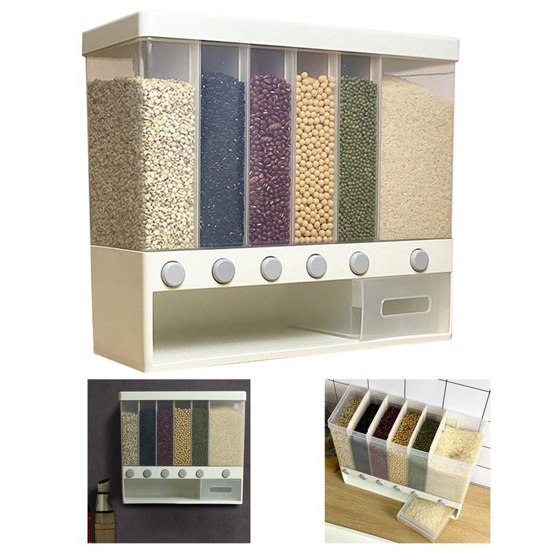 yunshuoa Dry Food Dispenser 6-Grid Storage,Wall Mounted Cereal Dispenser with Lids,Home Kitchen Storage Tank Grains Rice Bucket Storage Box of Rice Nuts Beans Candy Cereals - Image 1