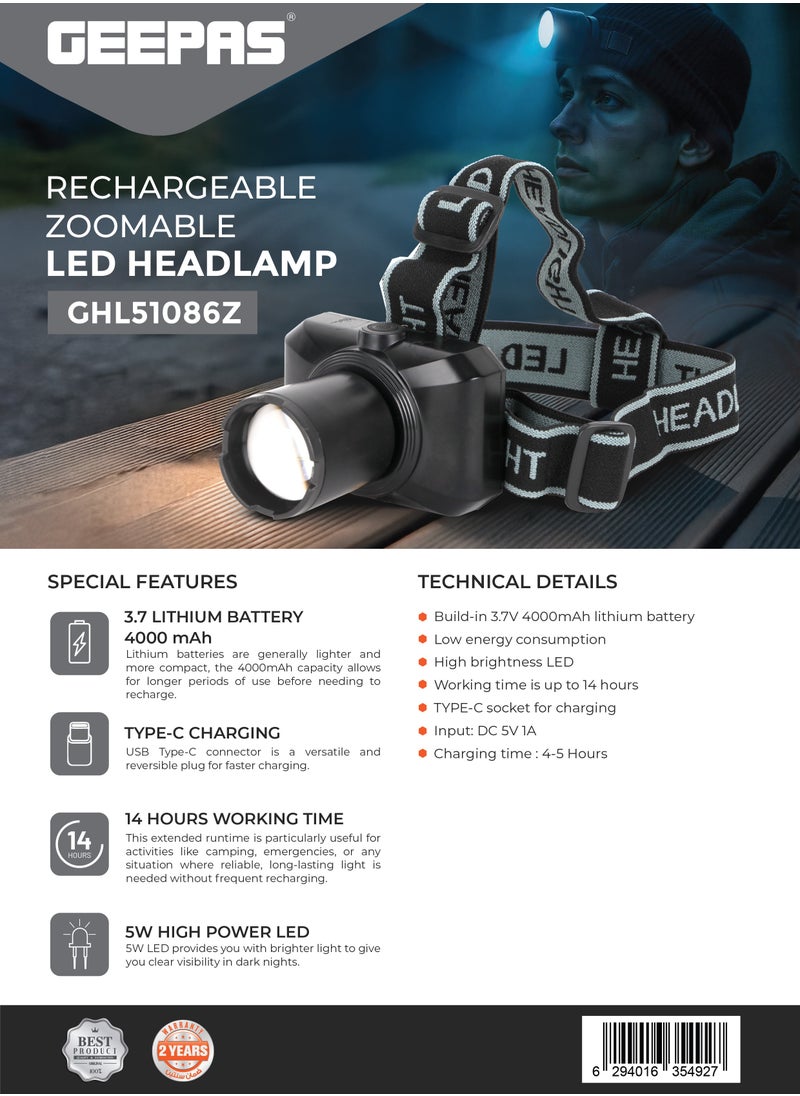 GEEPAS - Rechargeable Zoomable LED Headlamp Waterproof | Comes with 3.7V 4000mAh Lithium Battery 14 Hours Working Time| 5W High Power LED, Type-C Charging| Low Energy Consumption, 2 Years Warranty GHL51086Z - Image 1