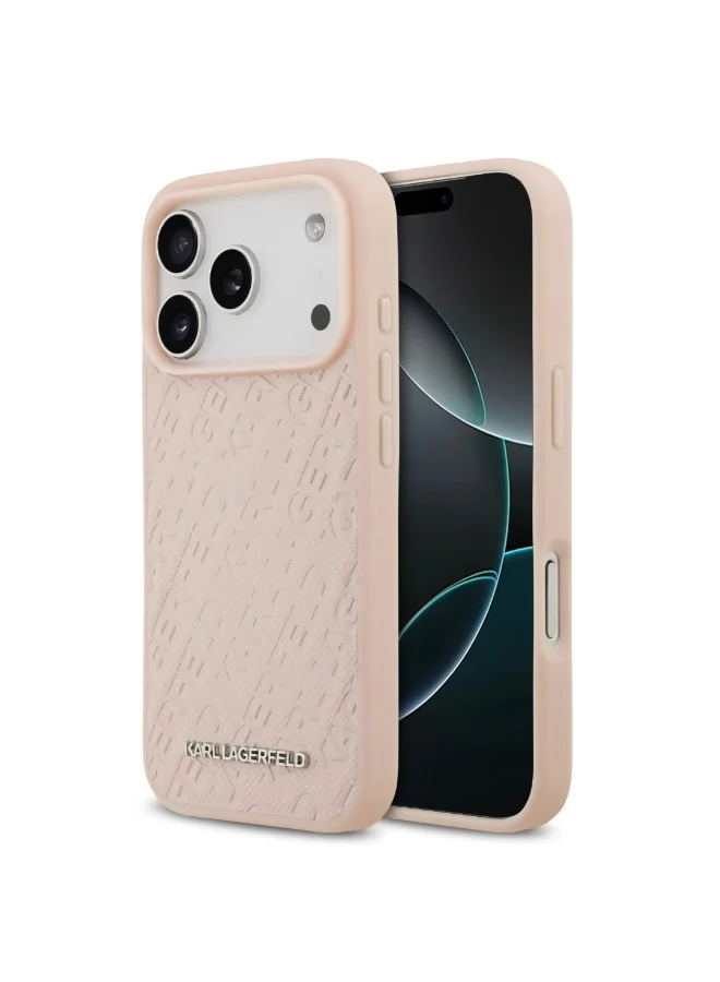 كارل لاغرفيلد جراب MagSafe لهاتف iPhone 17 Pro / غطاء خلفي من جلد البولي يوريثان ملفوف بالكامل مع حبيبات كارل - وردي