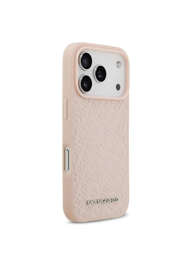 كارل لاغرفيلد جراب MagSafe لهاتف iPhone 17 Pro / غطاء خلفي من جلد البولي يوريثان ملفوف بالكامل مع حبيبات كارل - وردي
