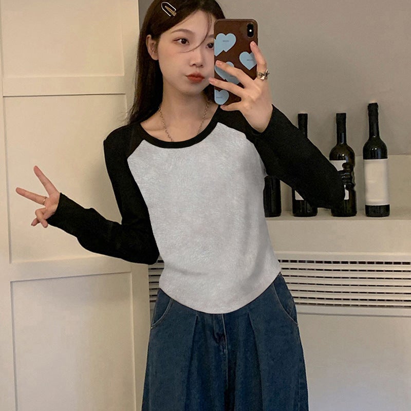 Fall 2023 new Pure Cotton College contrast color slim-fit long sleeve inner and outer wear all-matching Hong Kong style T-shirt womens top Gray - Image 1