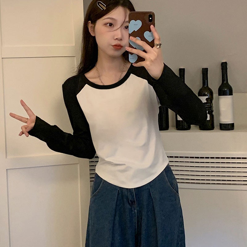 Fall 2023 new Pure Cotton College contrast color slim-fit long sleeve inner and outer wear all-matching Hong Kong style T-shirt womens top Gray - Image 2