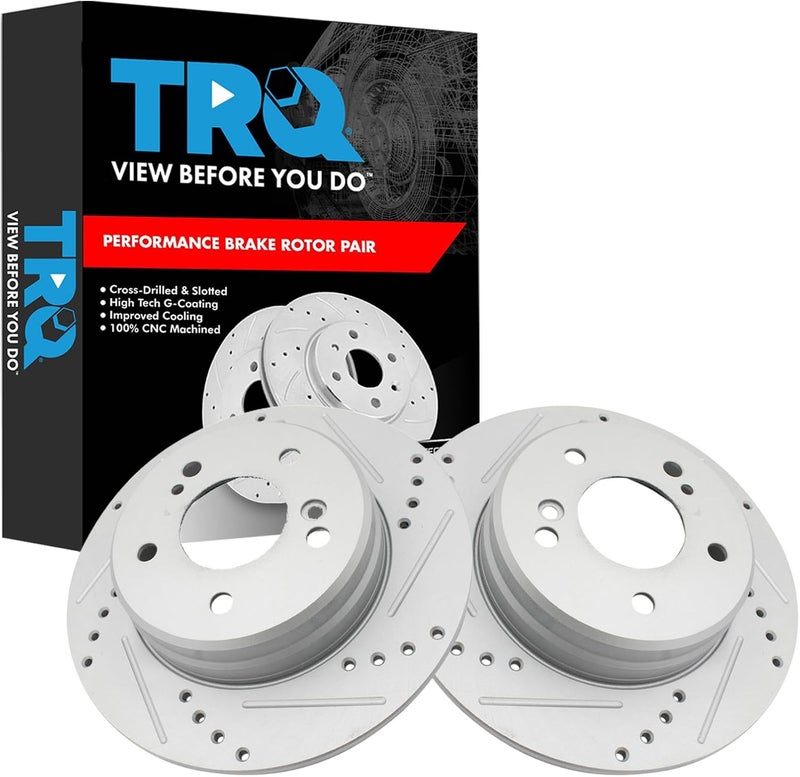 TRQ Rear Brake Rotors Set Premium G-Coated 2 Piece Slotted X Drilled Driver & Passenger Side Compatible with 04-08 Chrysler 87-11 Mercedes-Benz - Image 1