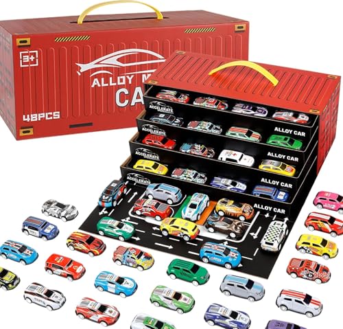 RAMNATH IMPEX RAMNATH 48pcs Mini Alloy Die-Cast Cars Set with Storage Box – Assorted Metal Pull Back Vehicles Toy for Kids, Boys & Girls Ages 3+, Birthday Gift, Travel & Play Organizer Case.(Car Container Track) - Image 1