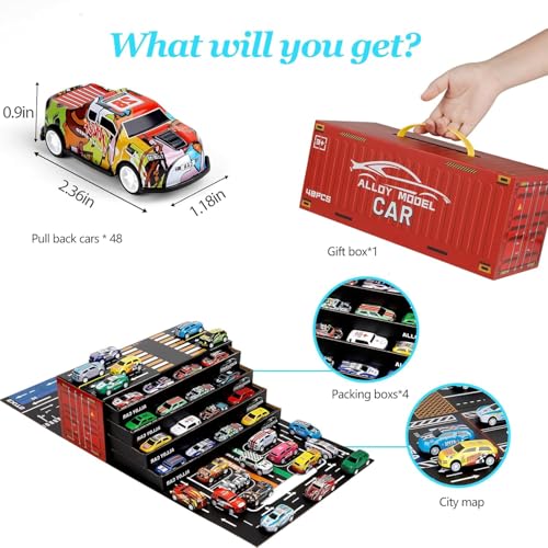RAMNATH IMPEX RAMNATH 48pcs Mini Alloy Die-Cast Cars Set with Storage Box – Assorted Metal Pull Back Vehicles Toy for Kids, Boys & Girls Ages 3+, Birthday Gift, Travel & Play Organizer Case.(Car Container Track) - Image 3