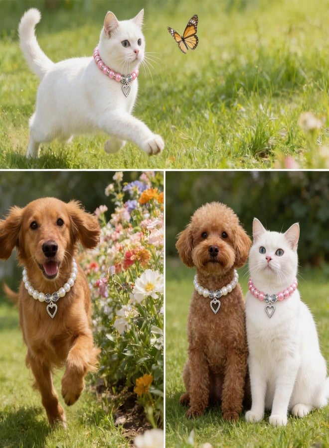 Nogeqi 2 Pcs Pearl Cat Collar, Cute Cat Collar with Small Heart Shape Rhinestone, Pearl Dog Collar, Kitten Collar,Pet Jewelry Accessories for Puppy Small Cats(White, Rose Red) - Image 2
