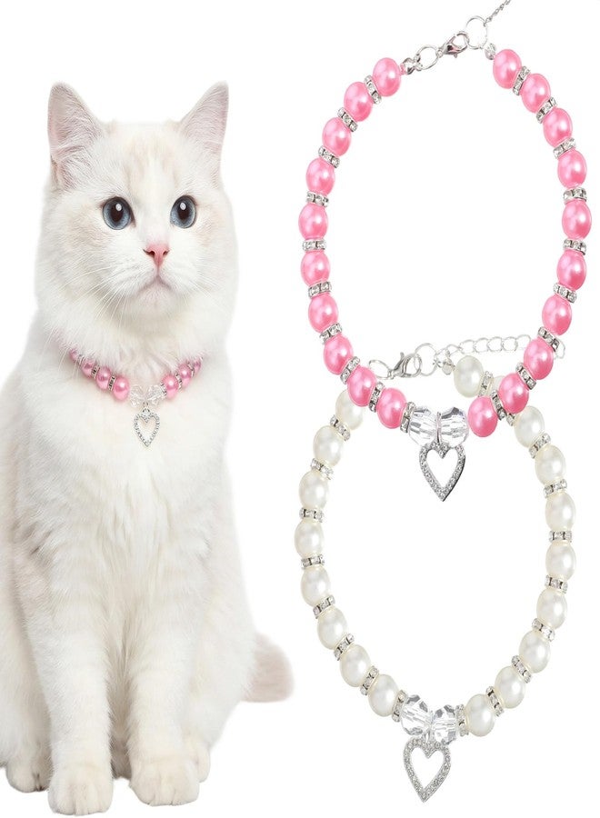 Nogeqi 2 Pcs Pearl Cat Collar, Cute Cat Collar with Small Heart Shape Rhinestone, Pearl Dog Collar, Kitten Collar,Pet Jewelry Accessories for Puppy Small Cats(White, Rose Red) - Image 1