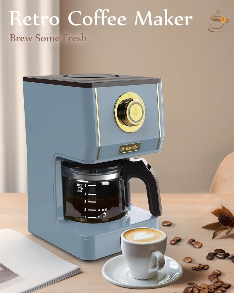 Amaste Coffee Maker, 5 Cup Coffee Pot with Three Brewing Modes, Retro Coffee Maker with Glass Carafe & Reusable Coffee Filter, Drip Coffee Maker Ideal for Home or Office, Keep Warm, Ash Blue - Image 2