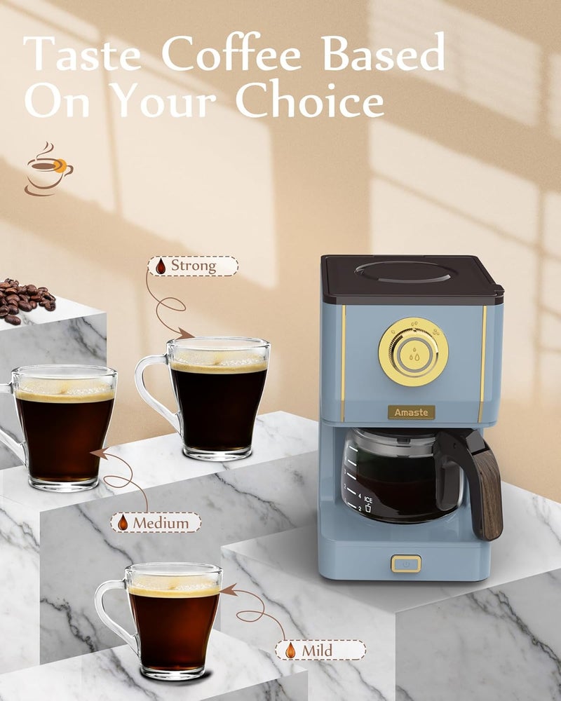 Amaste Coffee Maker, 5 Cup Coffee Pot with Three Brewing Modes, Retro Coffee Maker with Glass Carafe & Reusable Coffee Filter, Drip Coffee Maker Ideal for Home or Office, Keep Warm, Ash Blue - Image 3
