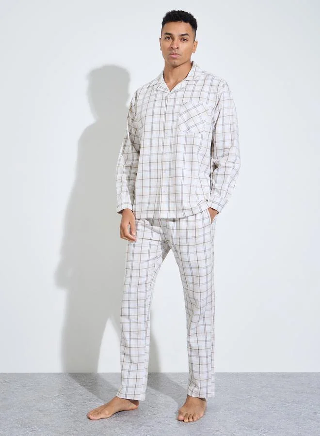 Cream Checked Long Sleeves Shirt And Straight Leg Pants Pyjama Set