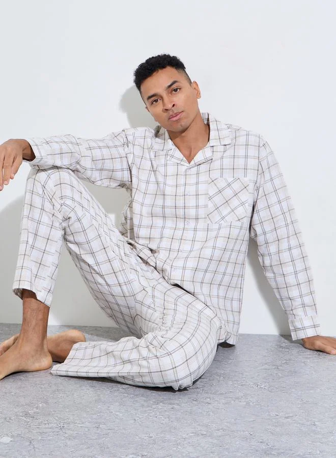 Styli  Cream Checked Long Sleeves Shirt And Straight Leg Pants Pyjama Set for Men | Best Price UAE