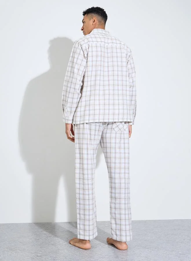 Styli  Cream Checked Long Sleeves Shirt And Straight Leg Pants Pyjama Set for Men | Best Price UAE