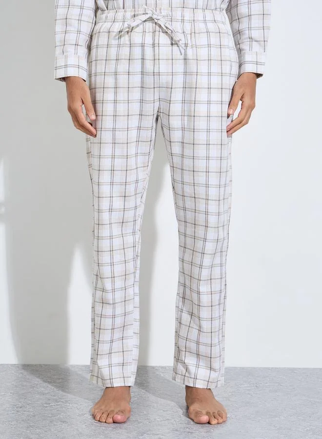 Styli  Cream Checked Long Sleeves Shirt And Straight Leg Pants Pyjama Set for Men | Best Price UAE