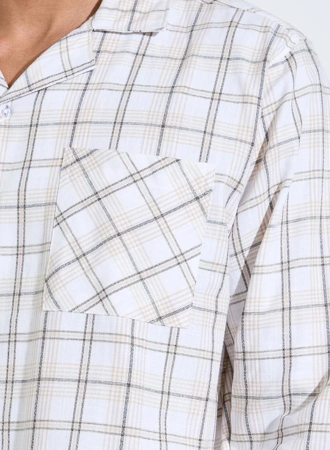 Styli  Cream Checked Long Sleeves Shirt And Straight Leg Pants Pyjama Set for Men | Best Price UAE