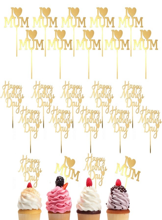 ٢٠ قطعة من زينة كعكة عيد الأم، أقراص كيك أكريليك ذهبية لامعة، زينة كب كيك عيد الأم، عبارات "أحبك يا أمي"، أعواد تزيين كيك عيد الأم، لوازم حفلات عيد الأم - Image 1