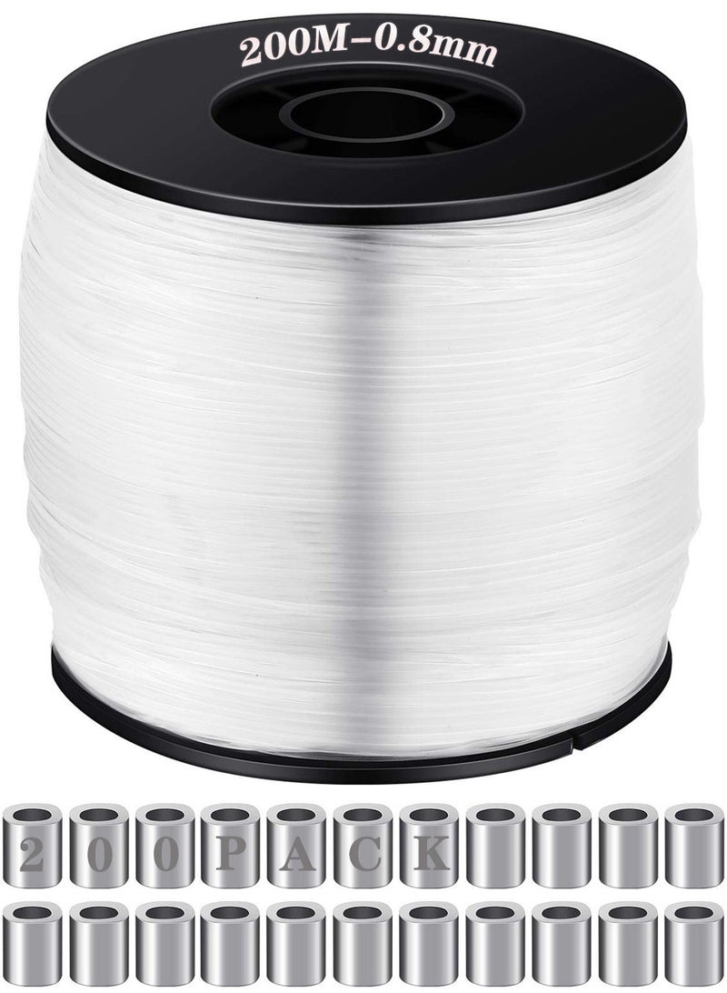 SANMUGEED Strong Clear Invisible Hanging Wire, 0.8mm 656Feet(200M) Nylon Monofilament Fishing Wire with 200 Aluminum Crimping Sleeves, Clear Fishing Line for Hanging Decorations - Image 1